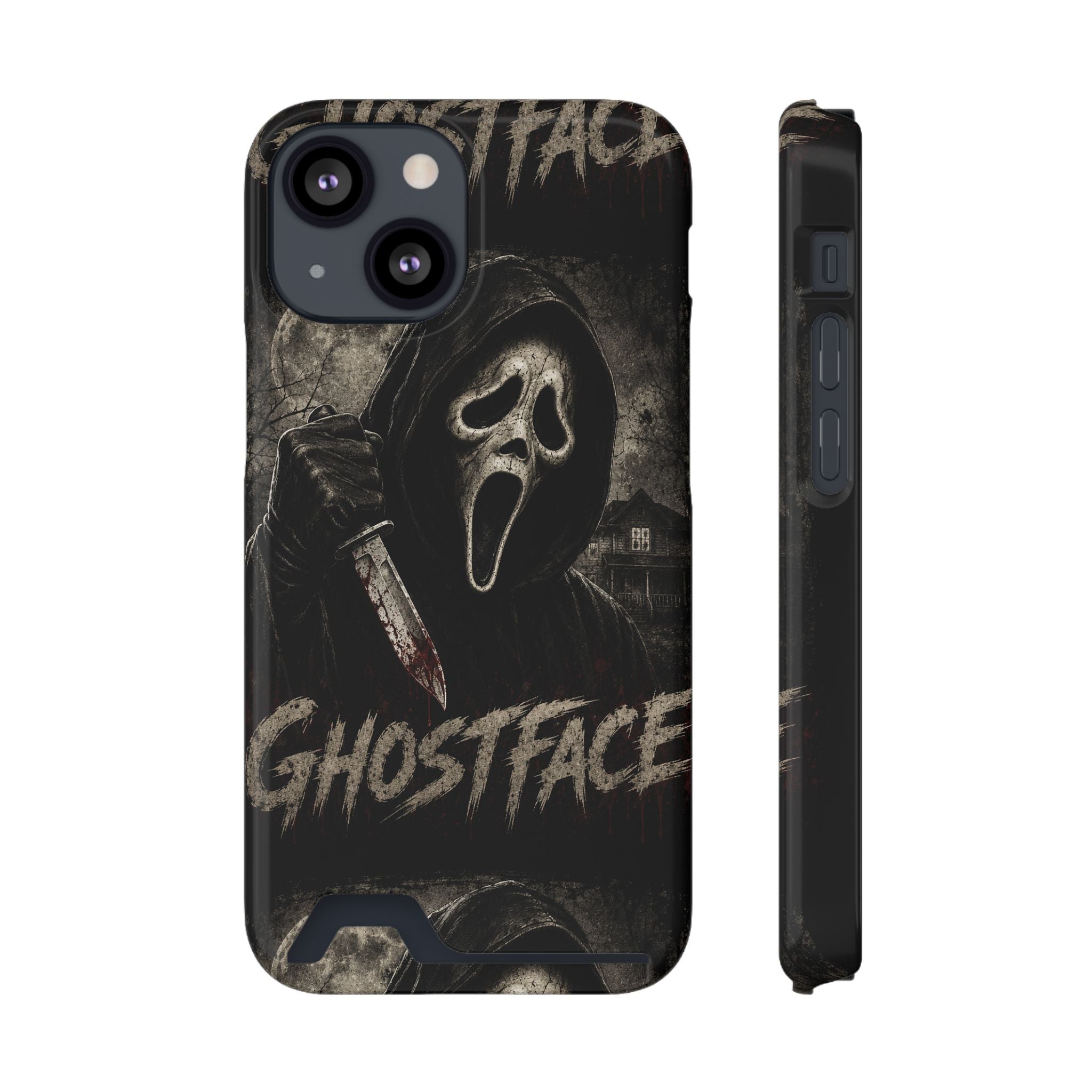 Ghostface Phone Case with Card Holder — Horror Movie Scream Mask Design