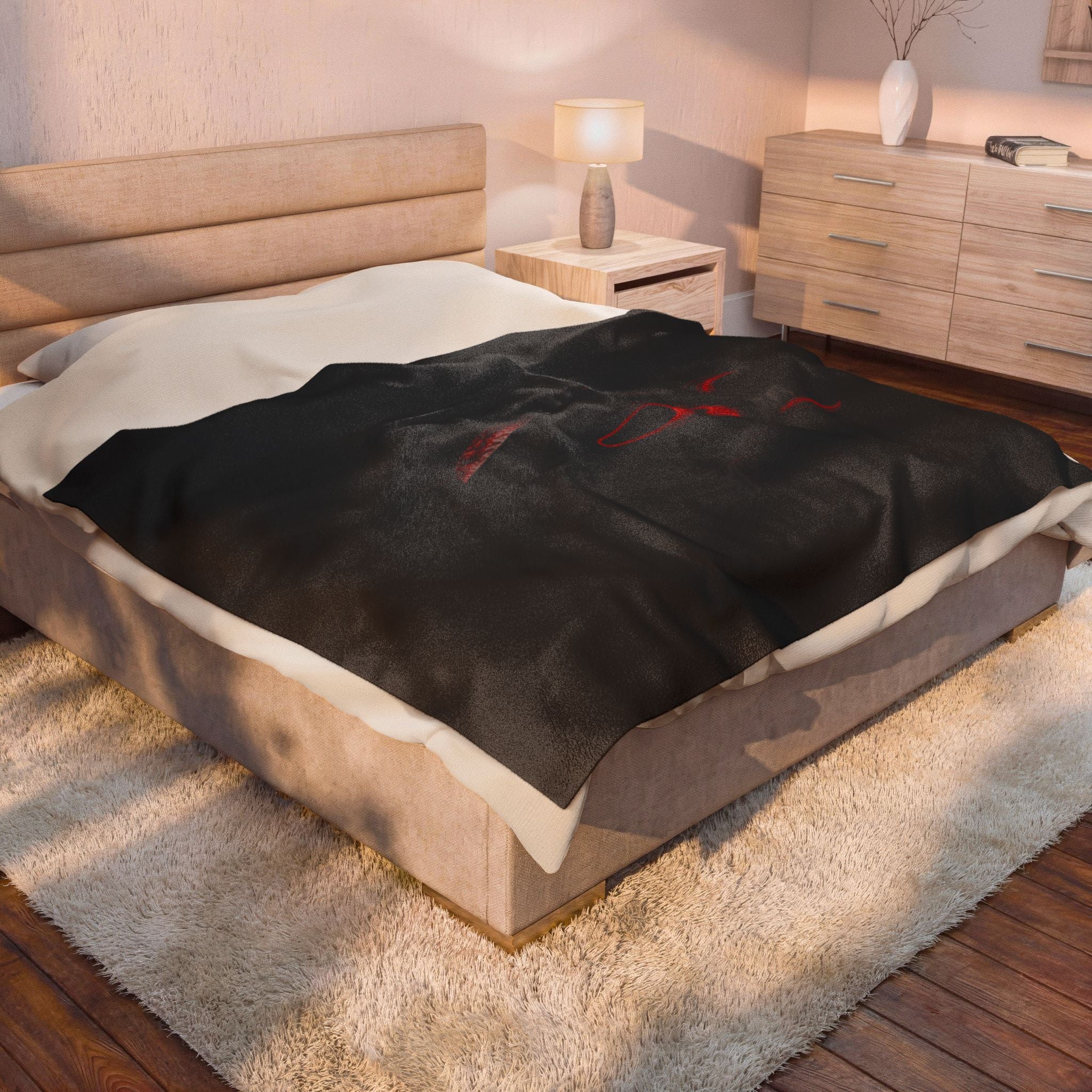 Horror Scream Devil Plush Blanket — Red Mask & Bloody Knife Velveteen Throw