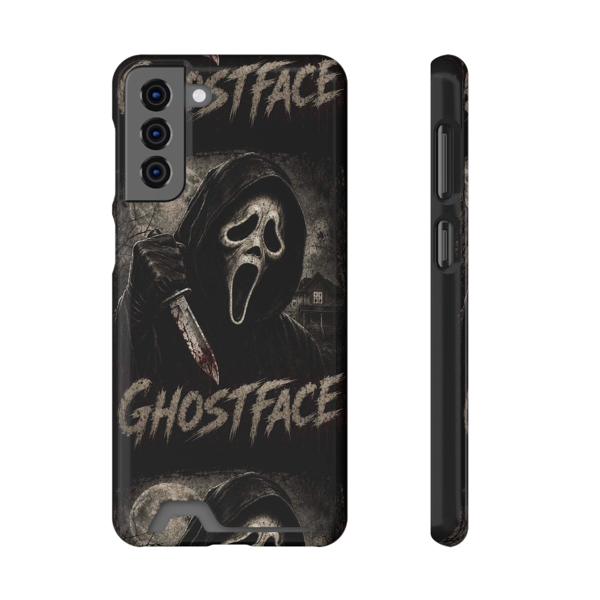 Ghostface Phone Case with Card Holder — Horror Movie Scream Mask Design