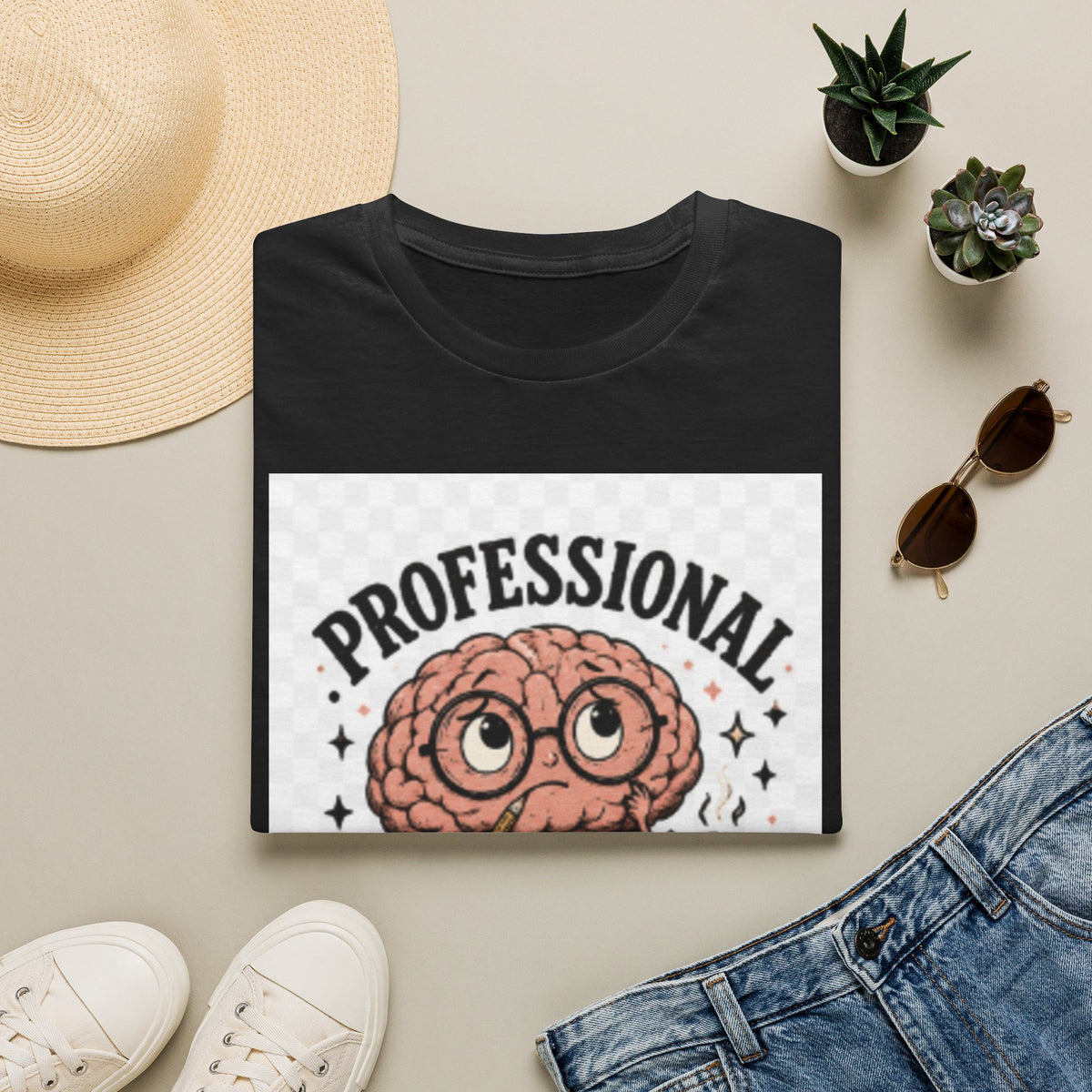 T-Shirt — "Professional Overthinker" Cute Brain Graphic Tee