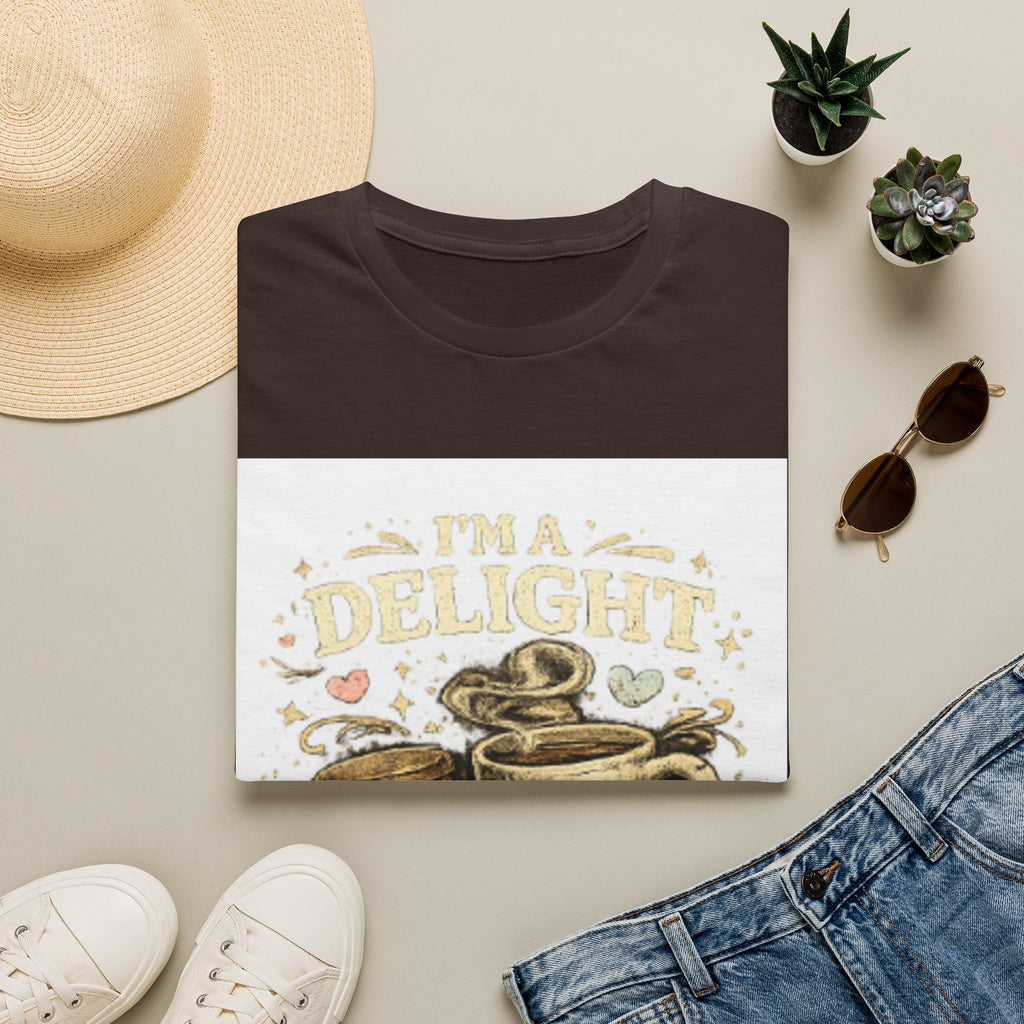 Coffee Mug T-Shirt — “I'm a Delight (Give Me Five Minutes)” Retro Coffee Graphic Tee