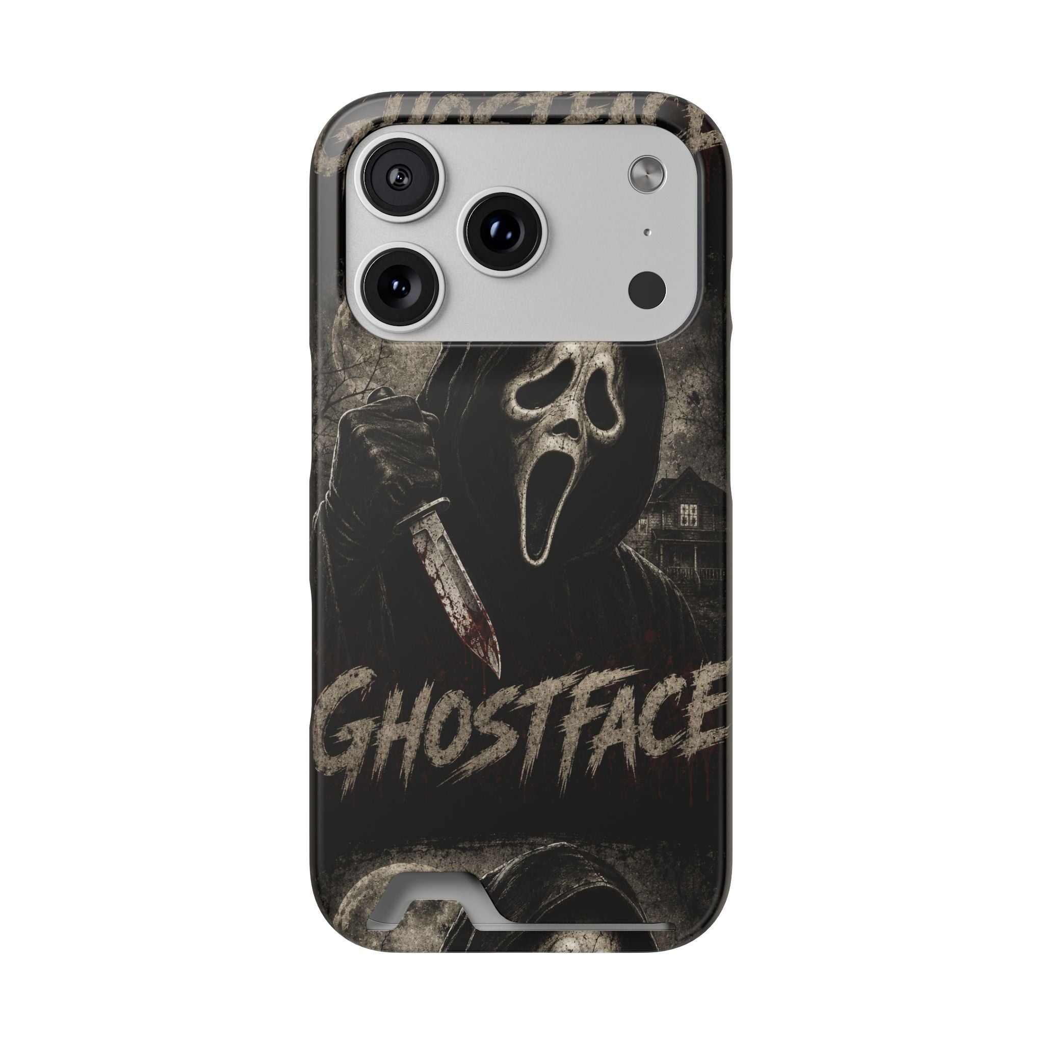 Ghostface Phone Case with Card Holder — Horror Movie Scream Mask Design