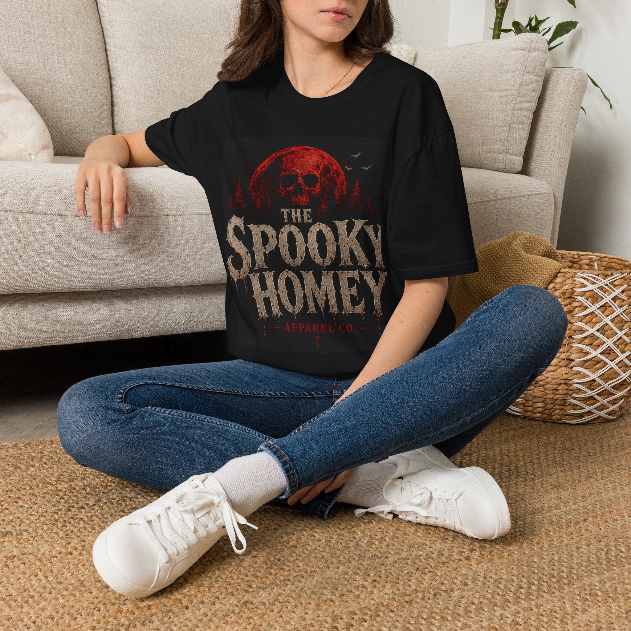 Spooky Homey T‑Shirt — Red Moon Skull Halloween Tee