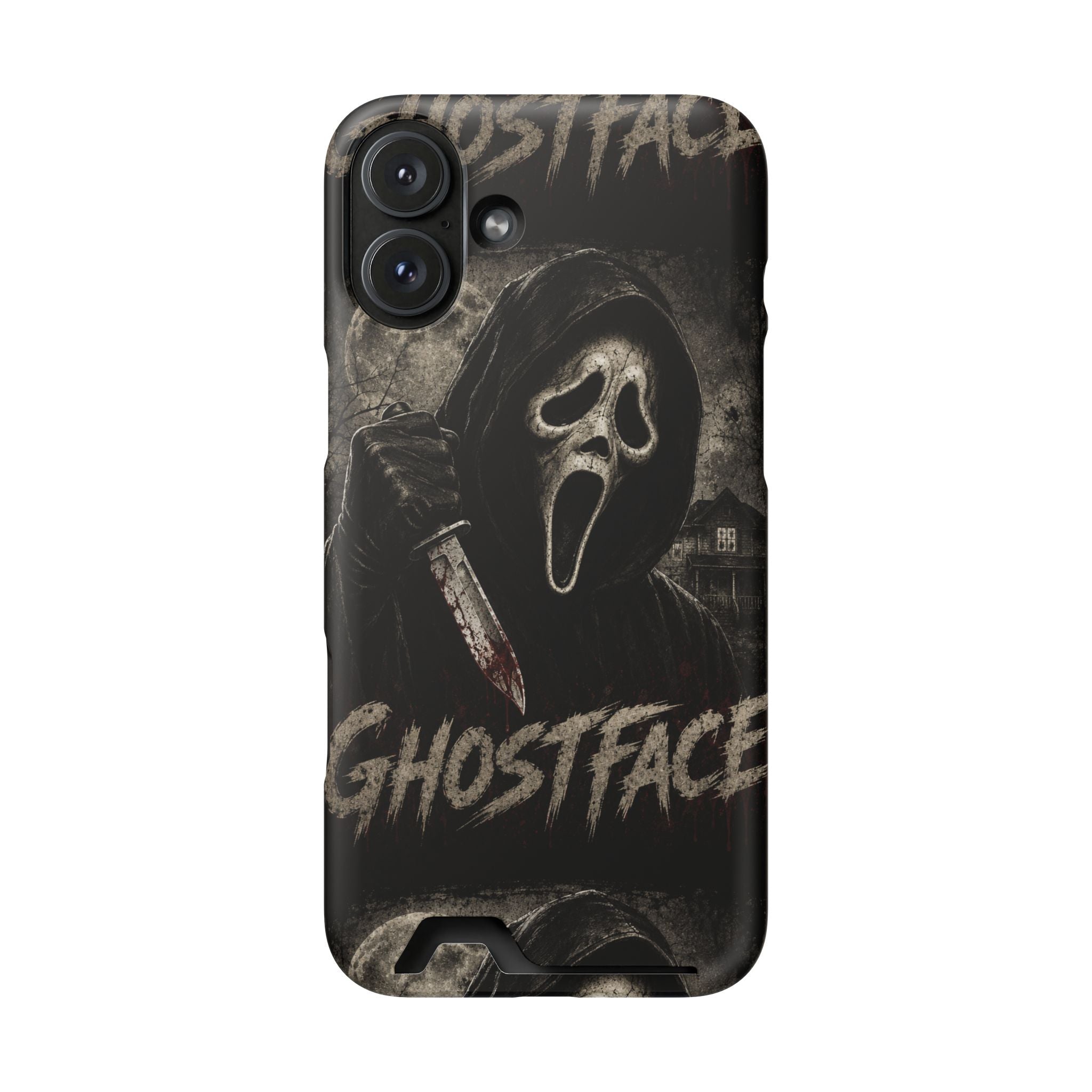 Ghostface Phone Case with Card Holder — Horror Movie Scream Mask Design