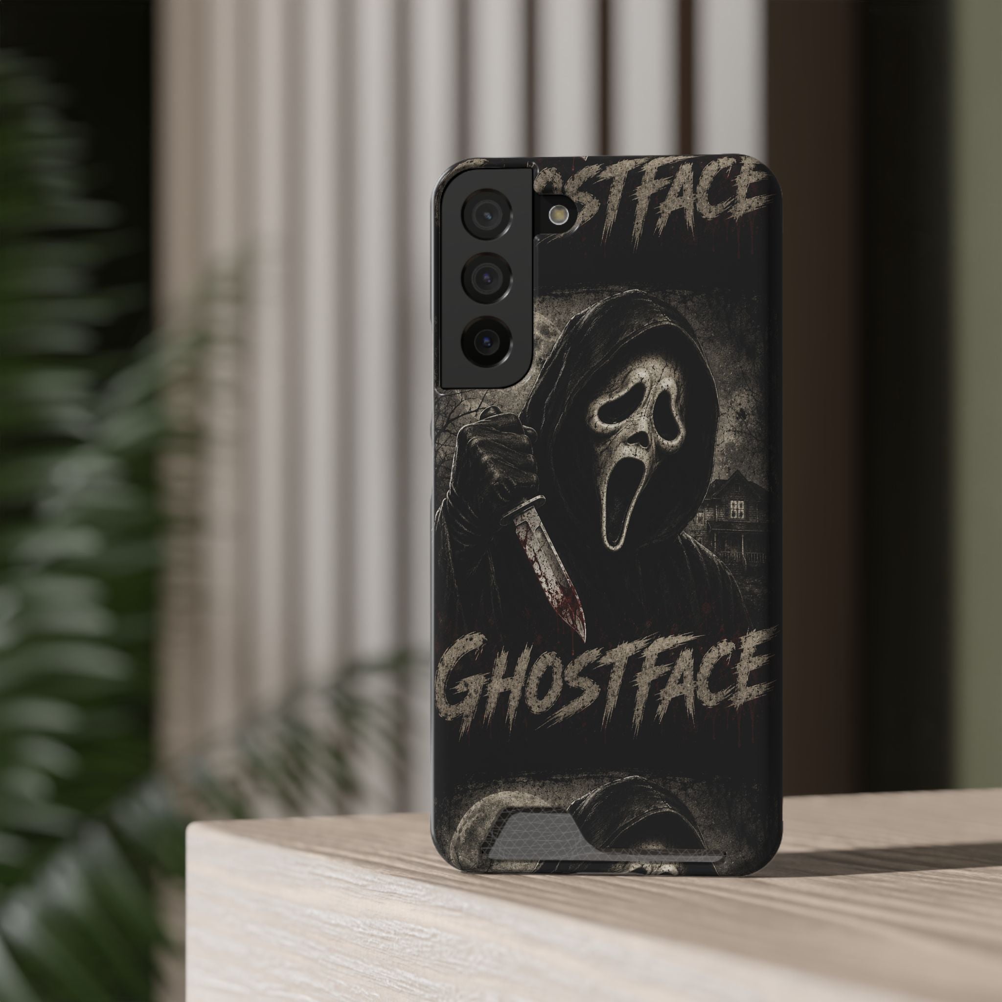 Ghostface Phone Case with Card Holder — Horror Movie Scream Mask Design