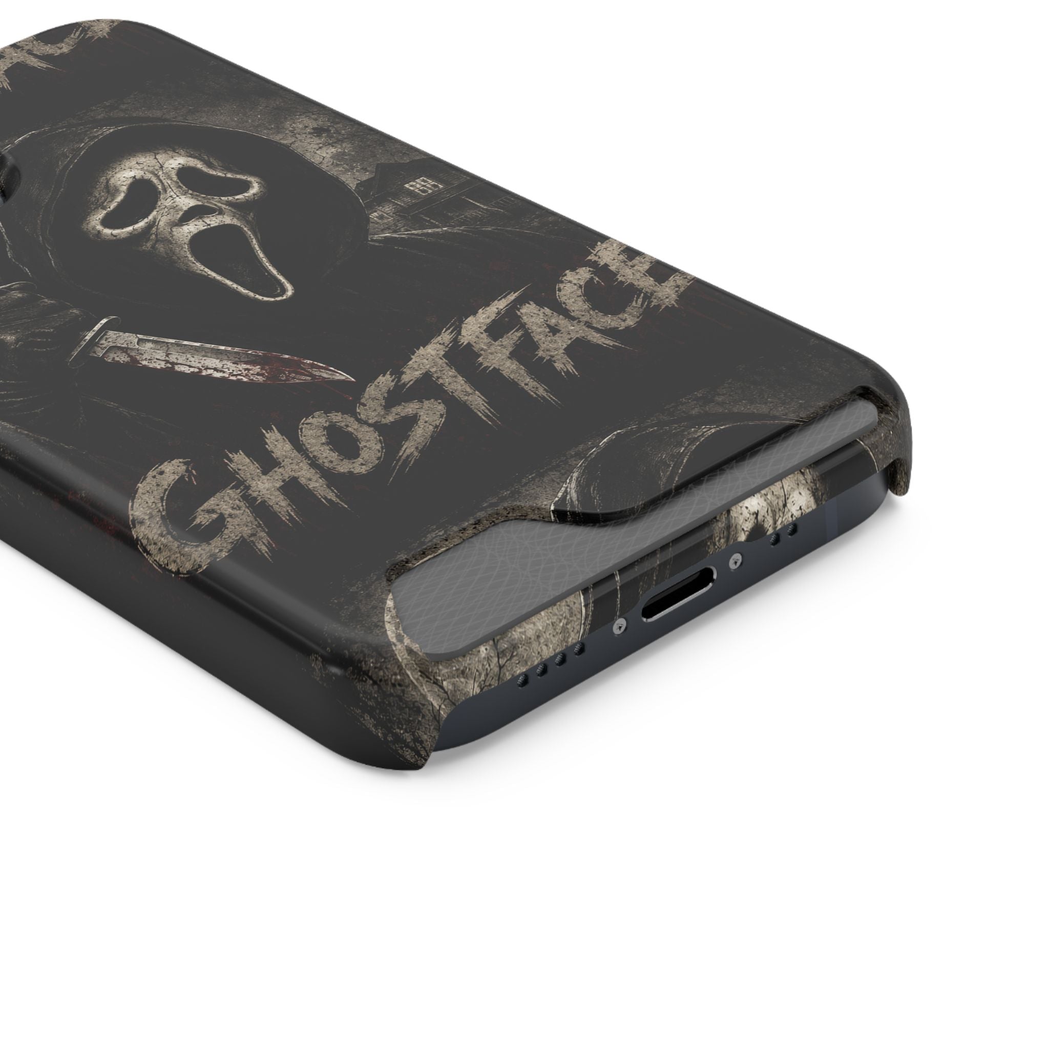 Ghostface Phone Case with Card Holder — Horror Movie Scream Mask Design