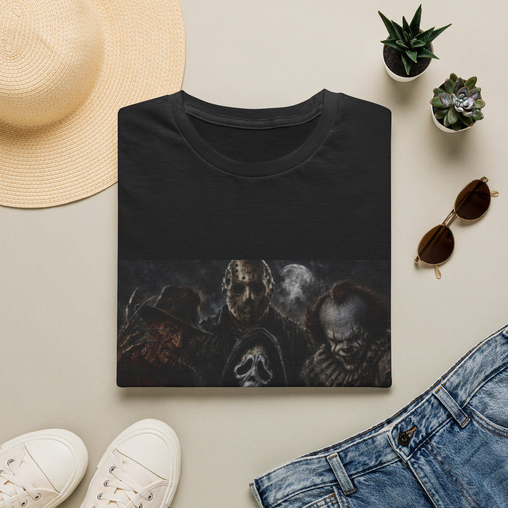 Horror Icons Collage T‑Shirt — Classic Scary Movie Mask Faces