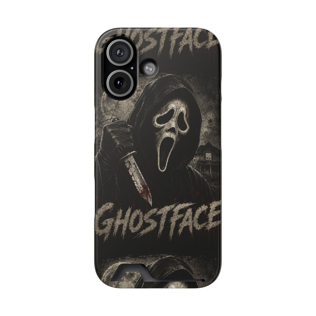 Ghostface Phone Case with Card Holder — Horror Movie Scream Mask Design