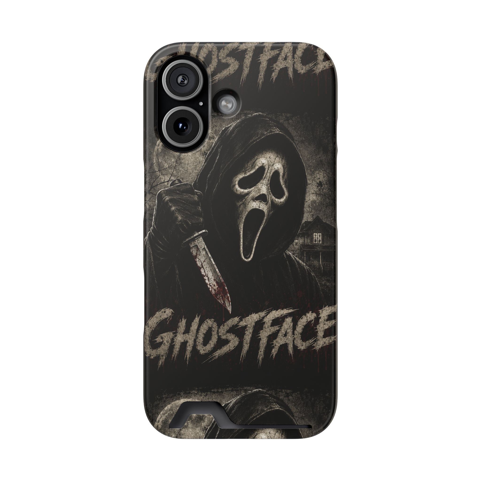 Ghostface Phone Case with Card Holder — Horror Movie Scream Mask Design