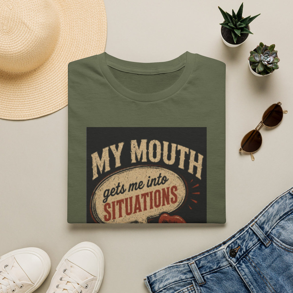 Graphic T-Shirt — "My Mouth Gets Me Into Situations" Vintage Statement Tee