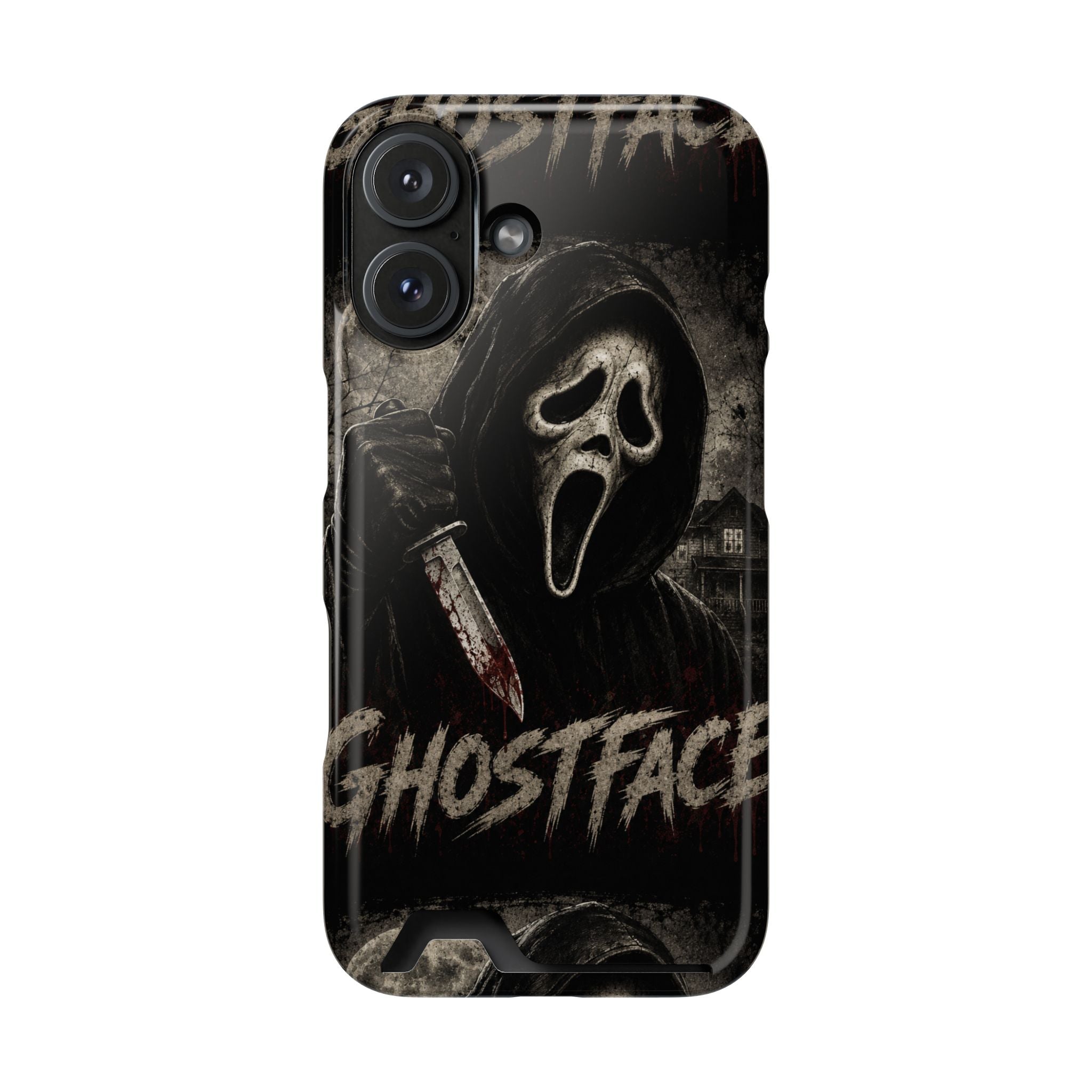 Ghostface Phone Case with Card Holder — Horror Movie Scream Mask Design