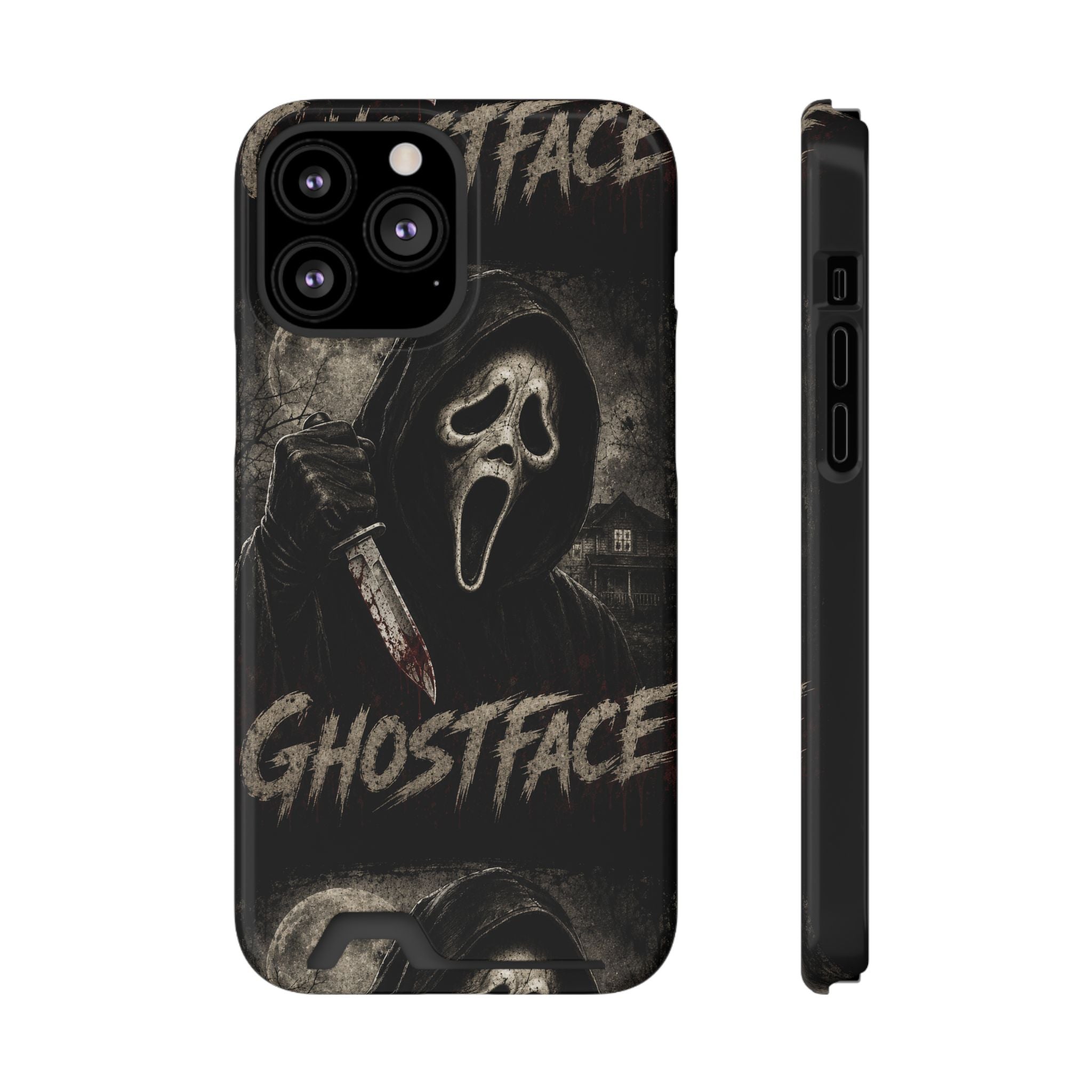 Ghostface Phone Case with Card Holder — Horror Movie Scream Mask Design
