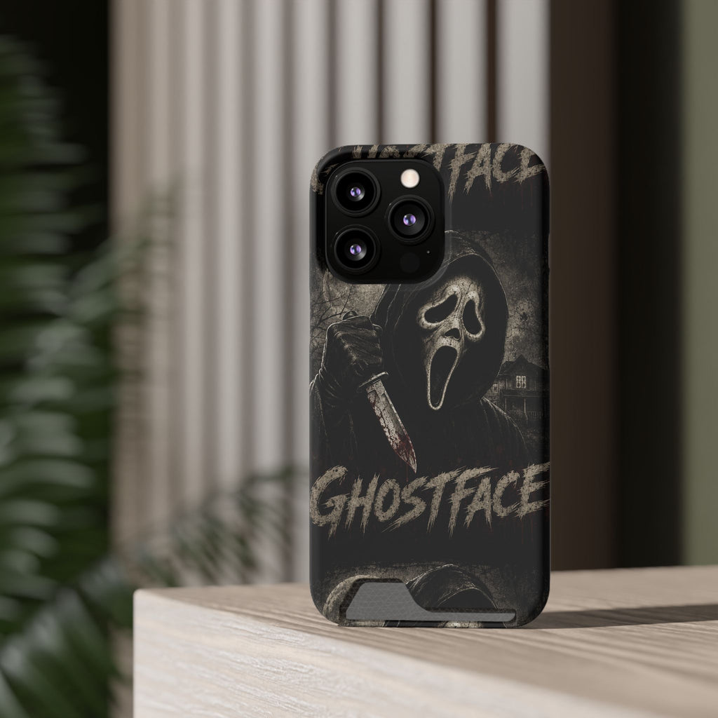 Ghostface Phone Case with Card Holder — Horror Movie Scream Mask Design