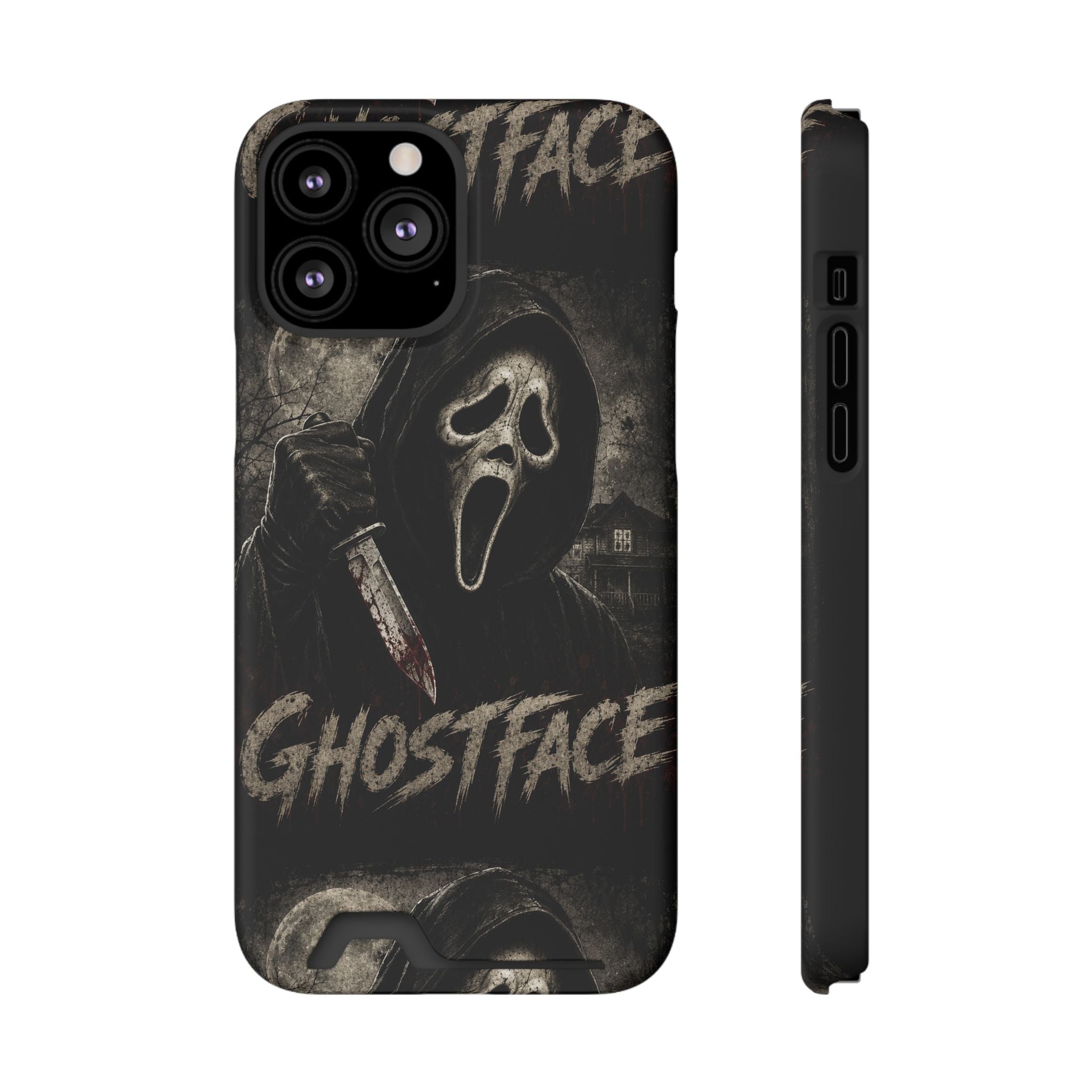 Ghostface Phone Case with Card Holder — Horror Movie Scream Mask Design