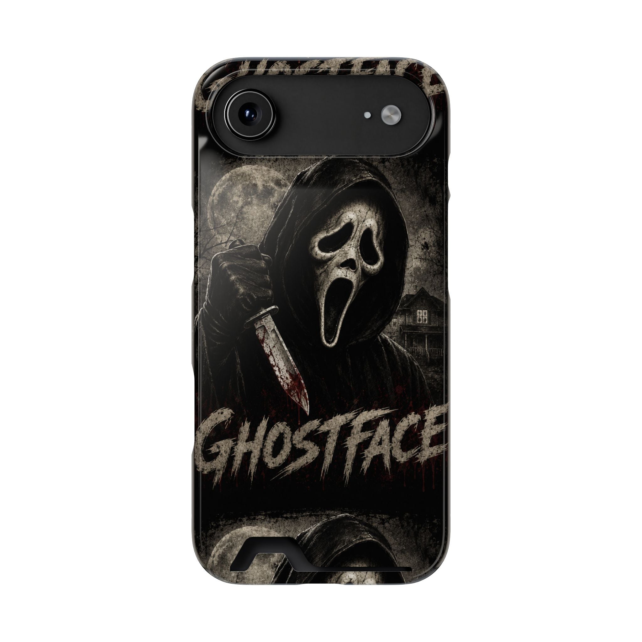 Ghostface Phone Case with Card Holder — Horror Movie Scream Mask Design