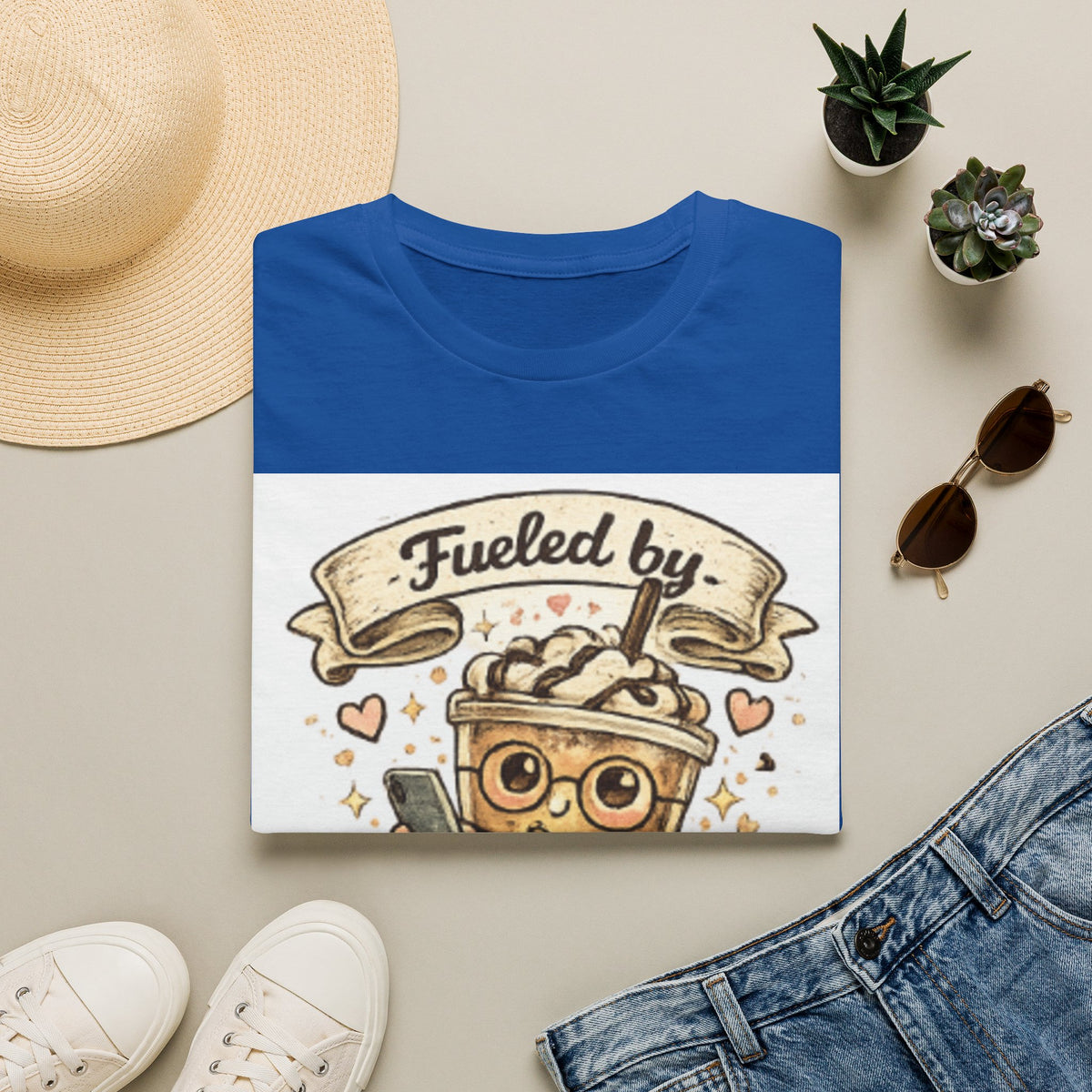 Iced Coffee T-Shirt — "Fueled by Iced Coffee & Delusion" Cute Cafe Graphic Tee