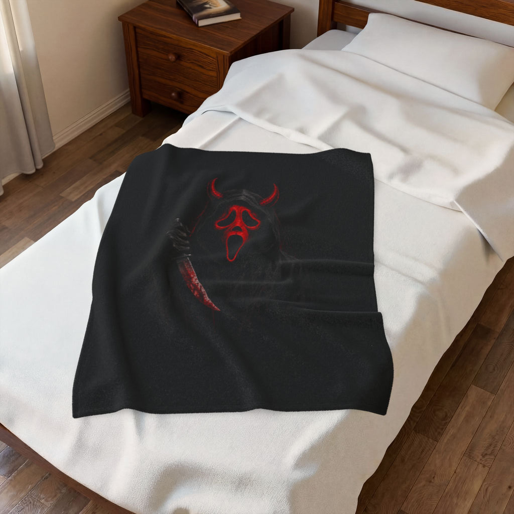 Horror Scream Devil Plush Blanket — Red Mask & Bloody Knife Velveteen Throw