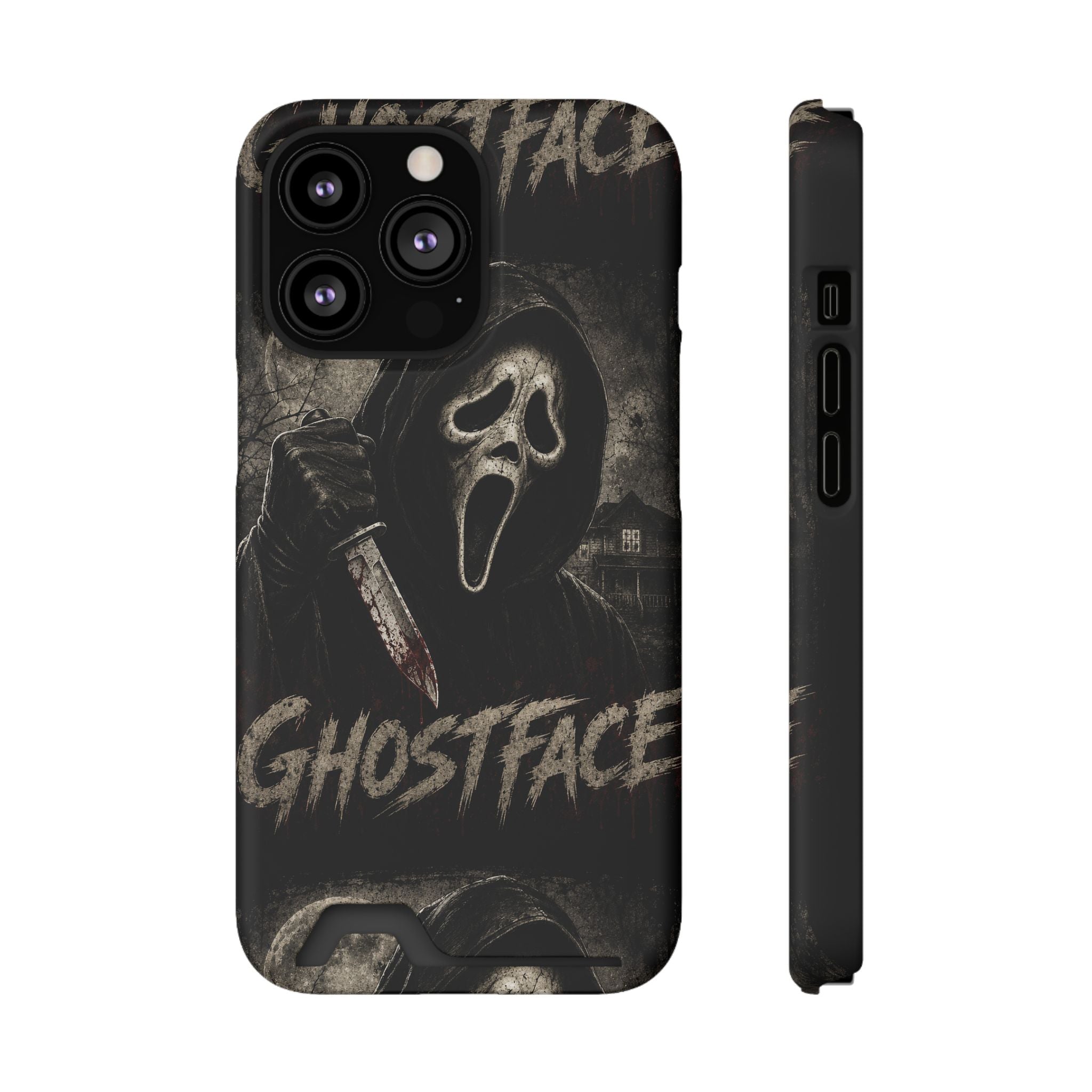 Ghostface Phone Case with Card Holder — Horror Movie Scream Mask Design
