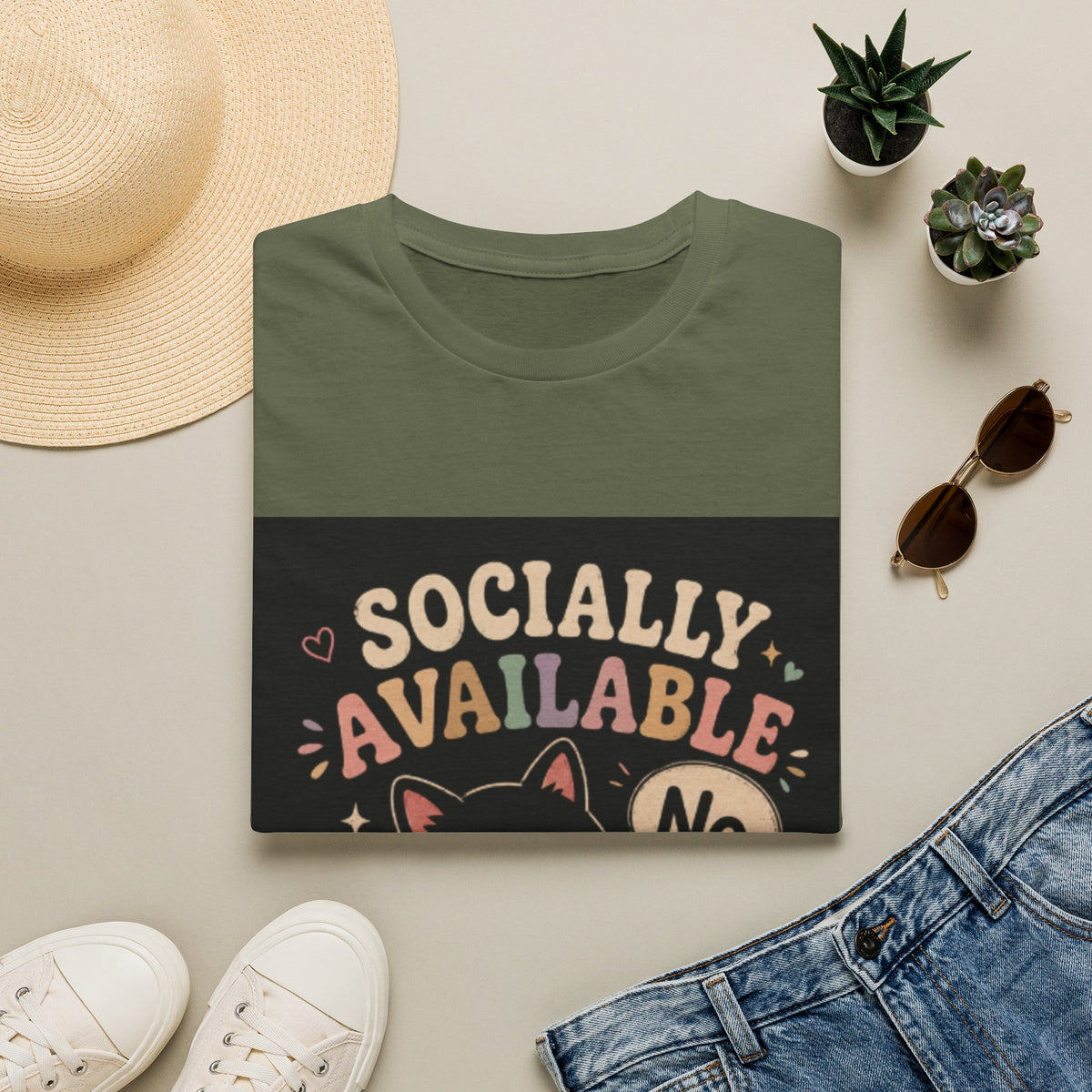 T-Shirt — "Socially Available" Funny Cat Graphic Tee