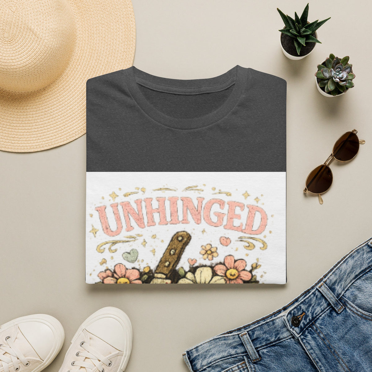 T-Shirt — "Unhinged but in a Cute Way" Floral Knife Graphic Tee