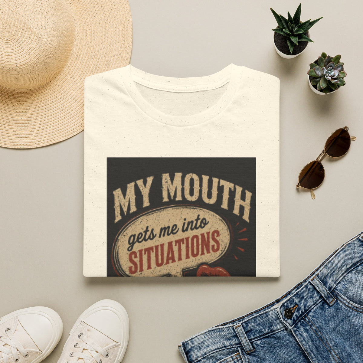 Graphic T-Shirt — "My Mouth Gets Me Into Situations" Vintage Statement Tee