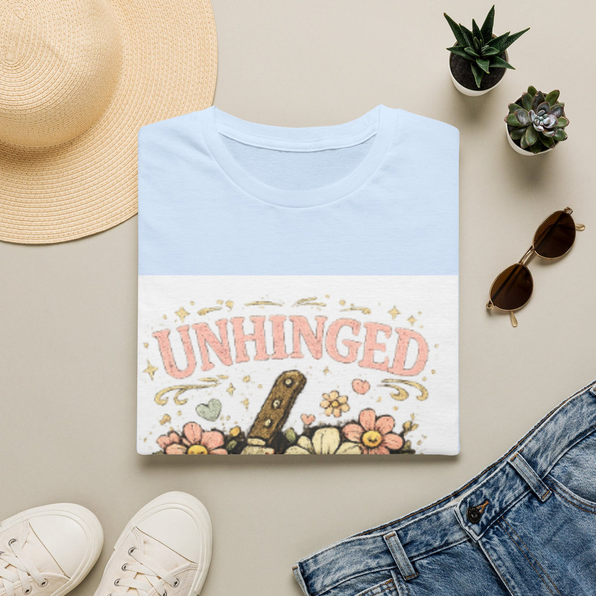 T-Shirt — "Unhinged but in a Cute Way" Floral Knife Graphic Tee