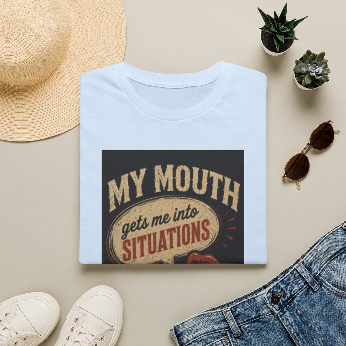 Graphic T-Shirt — "My Mouth Gets Me Into Situations" Vintage Statement Tee
