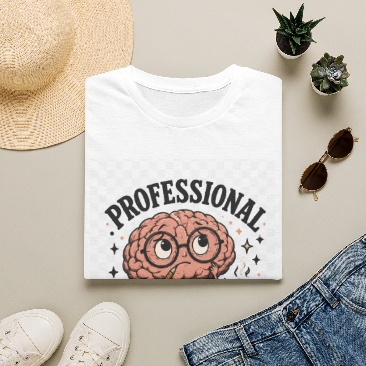 T-Shirt — "Professional Overthinker" Cute Brain Graphic Tee