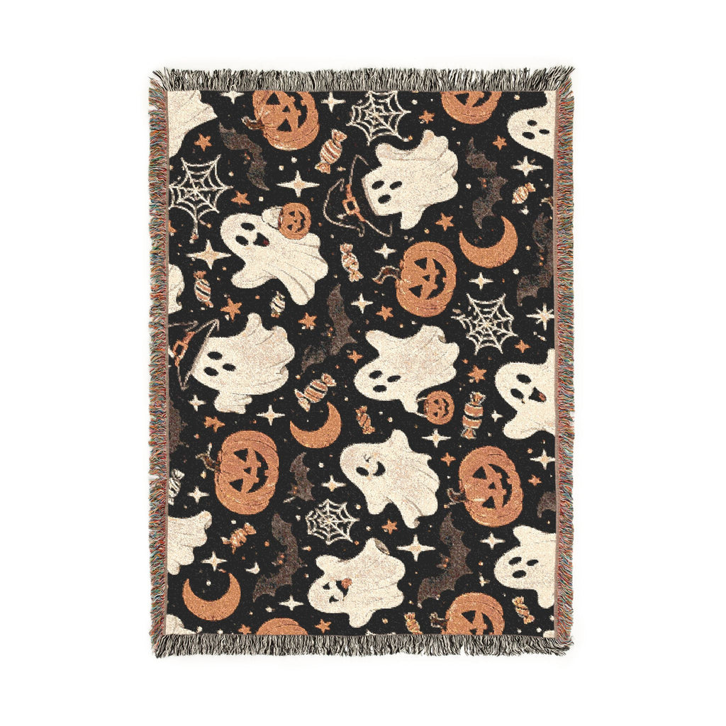 Halloween Ghosts & Pumpkins Woven Blanket — Cozy Spooky Throw for Fall Decor