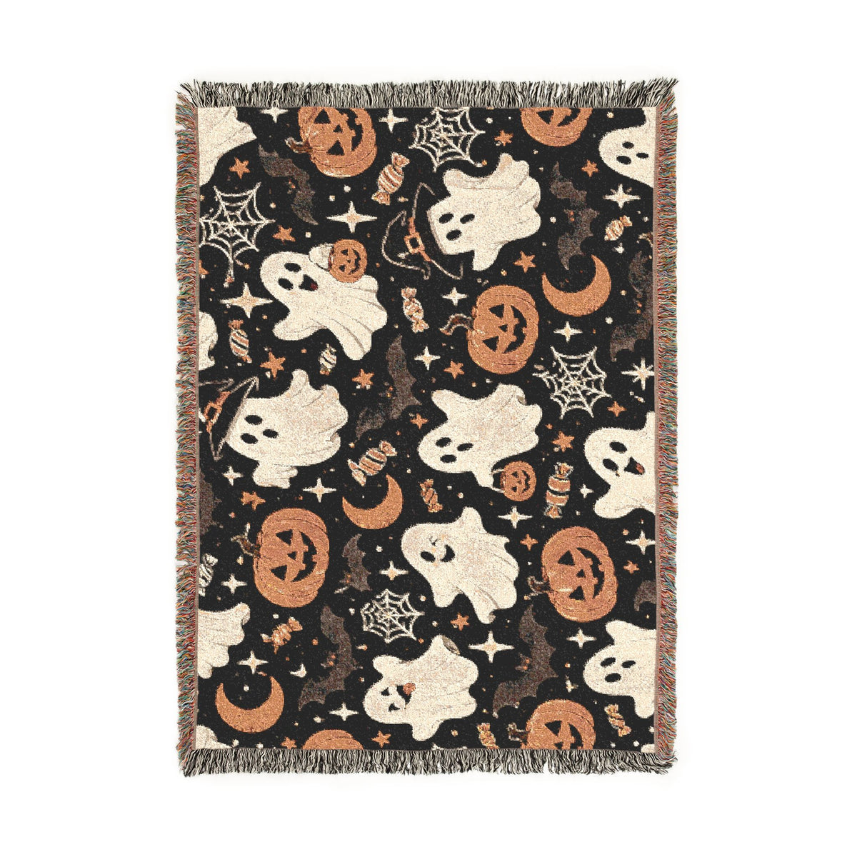 Halloween Ghosts & Pumpkins Woven Blanket — Cozy Spooky Throw for Fall Decor